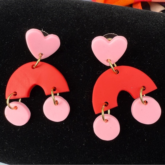 Red and Pink Heart Polymer Clay Dangle Earrings - Picture 4 of 6